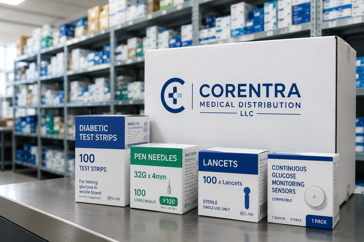 Corentra Medical Distribution wholesale products including diabetic test strips, pen needles, lancets, and continuous glucose monitoring sensors